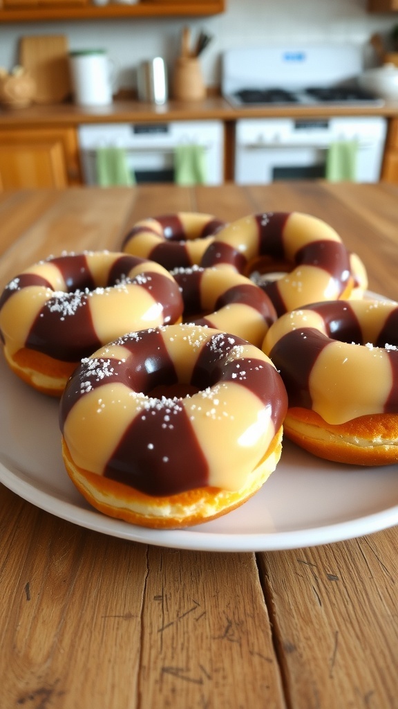 Checkerboard Donuts Recipe Checkerboard donuts with chocolate and vanilla patterns, glazed and dusted with powdered sugar on a wooden table.